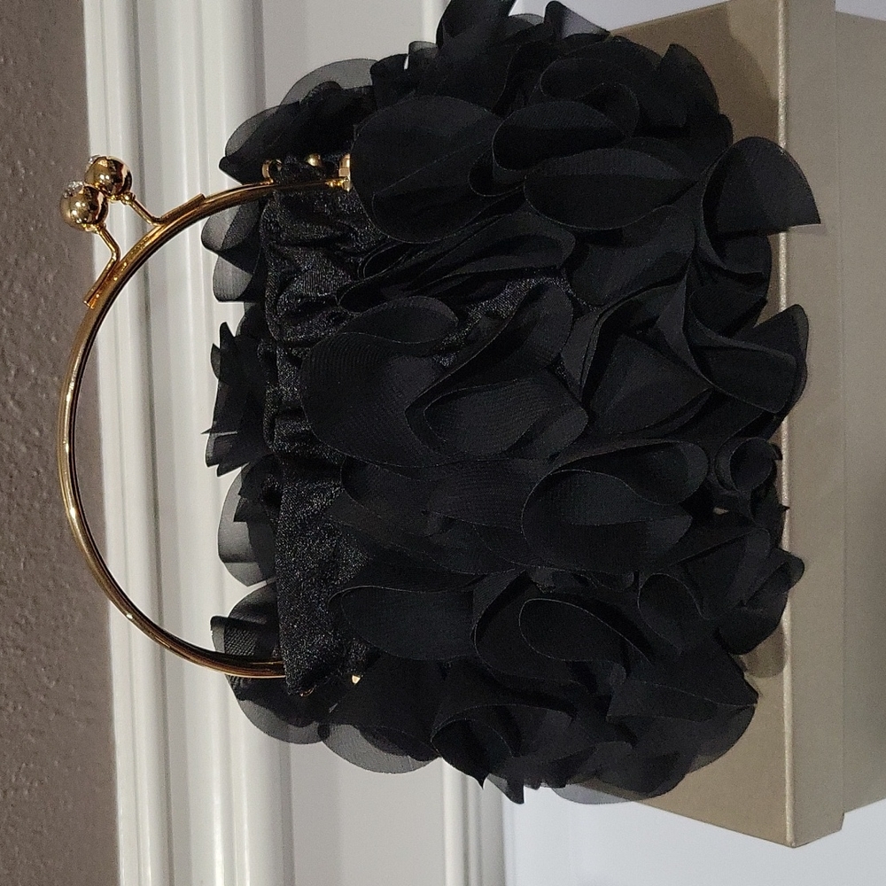 SOLD Black Ruffled Handbag with gold handles and chain - Picture 3 of 9